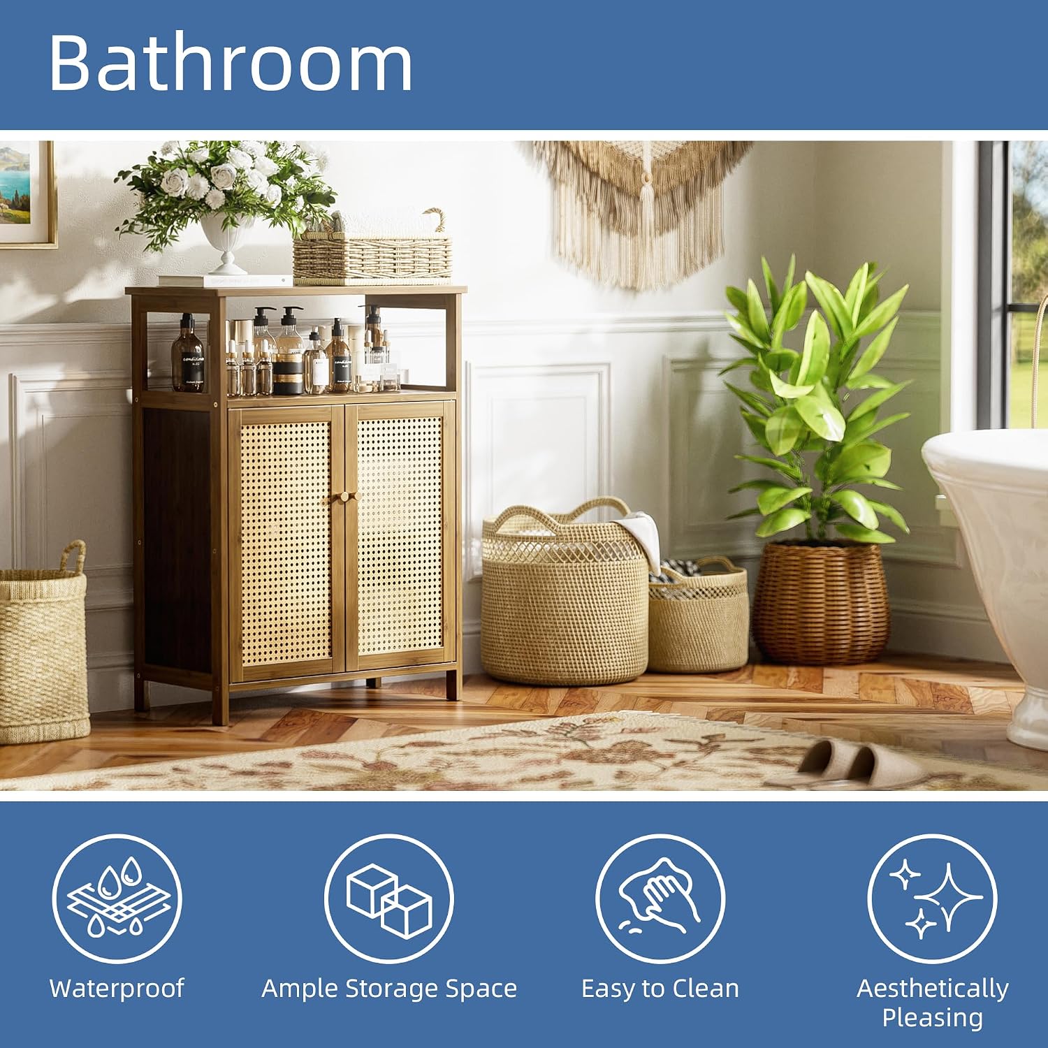 Walnut Rattan Bathroom Cabinet