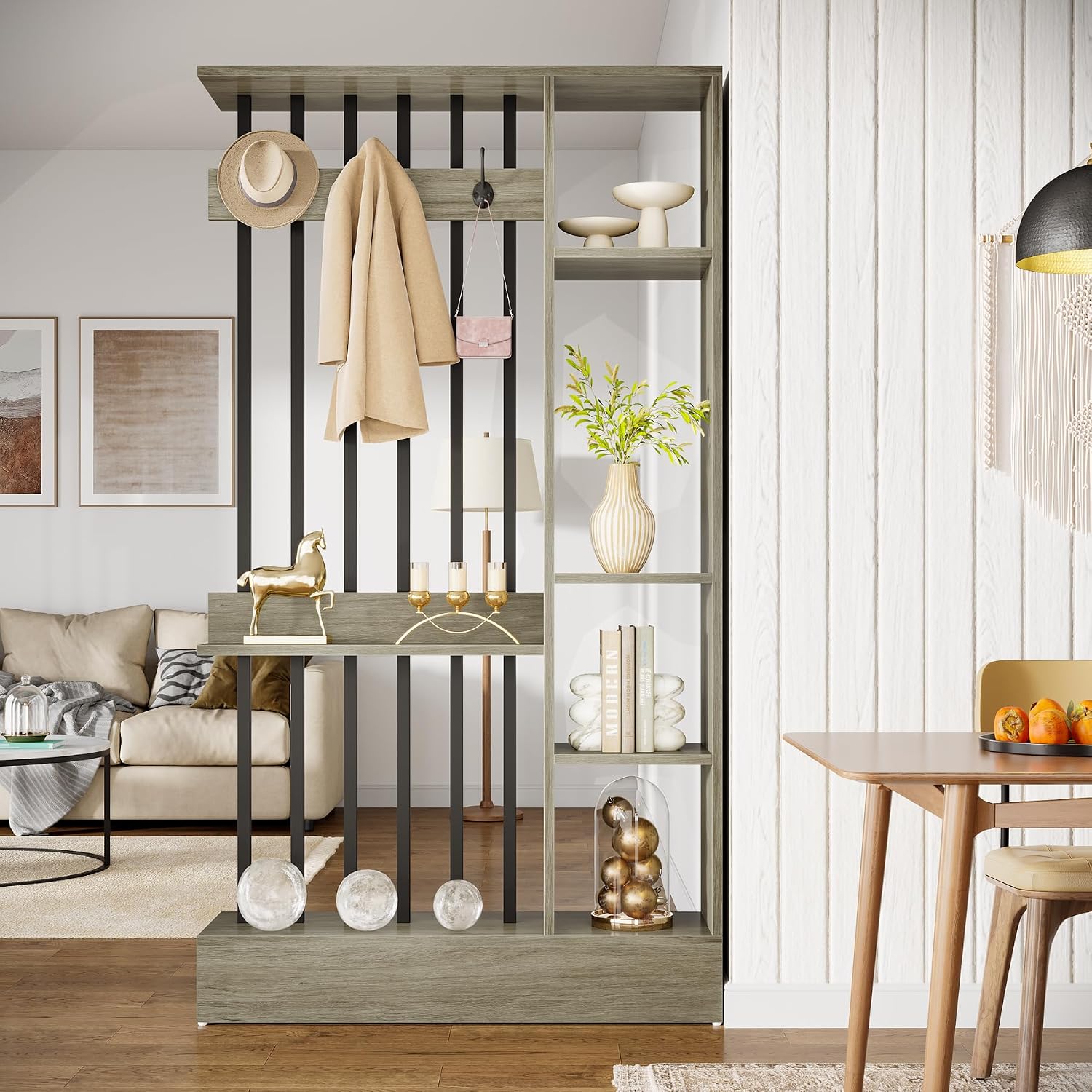 Grey Shelved Bookcase Room Divider with Coat Hooks