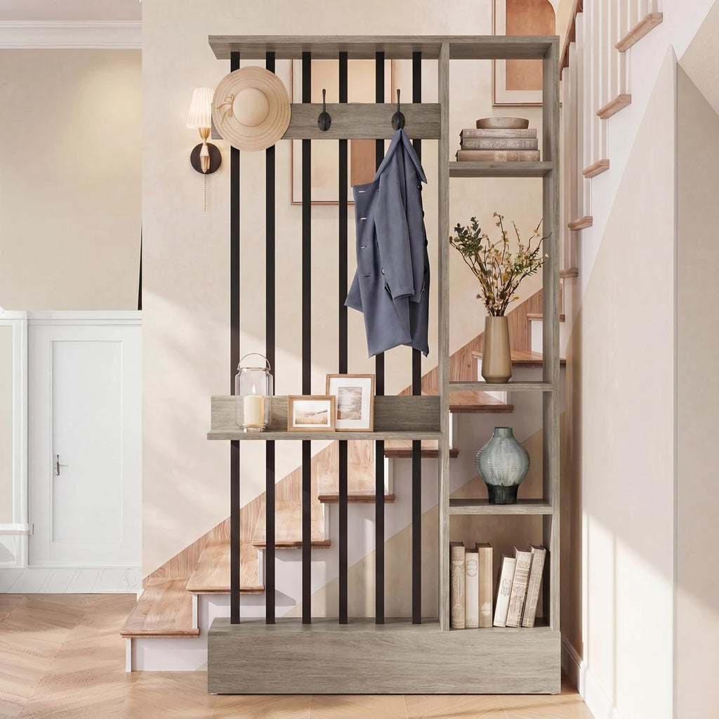 Grey Storage Coat Hook Freestanding Room Divider Shelf