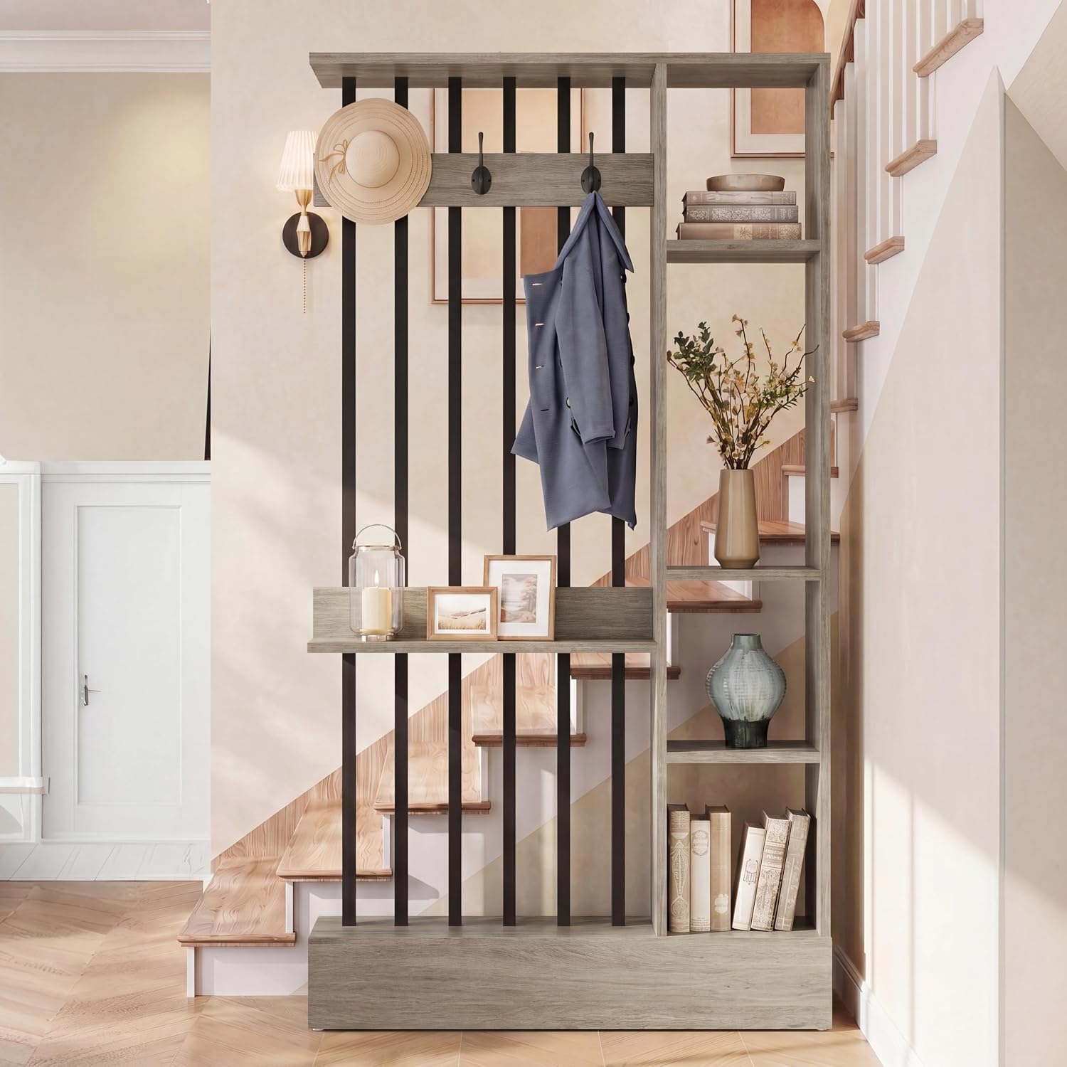 Grey Storage Coat Hook Freestanding Room Divider Shelf