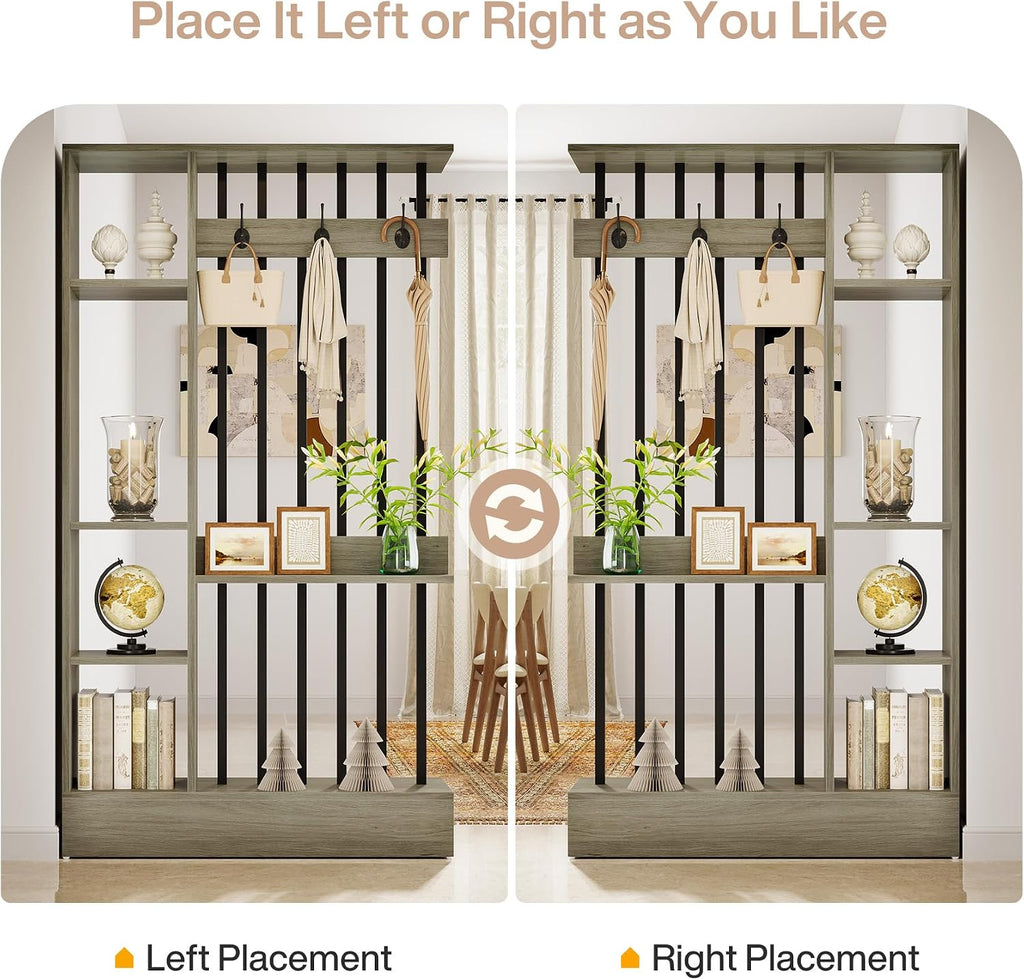 Grey Shelved Bookcase Room Divider with Coat Hooks
