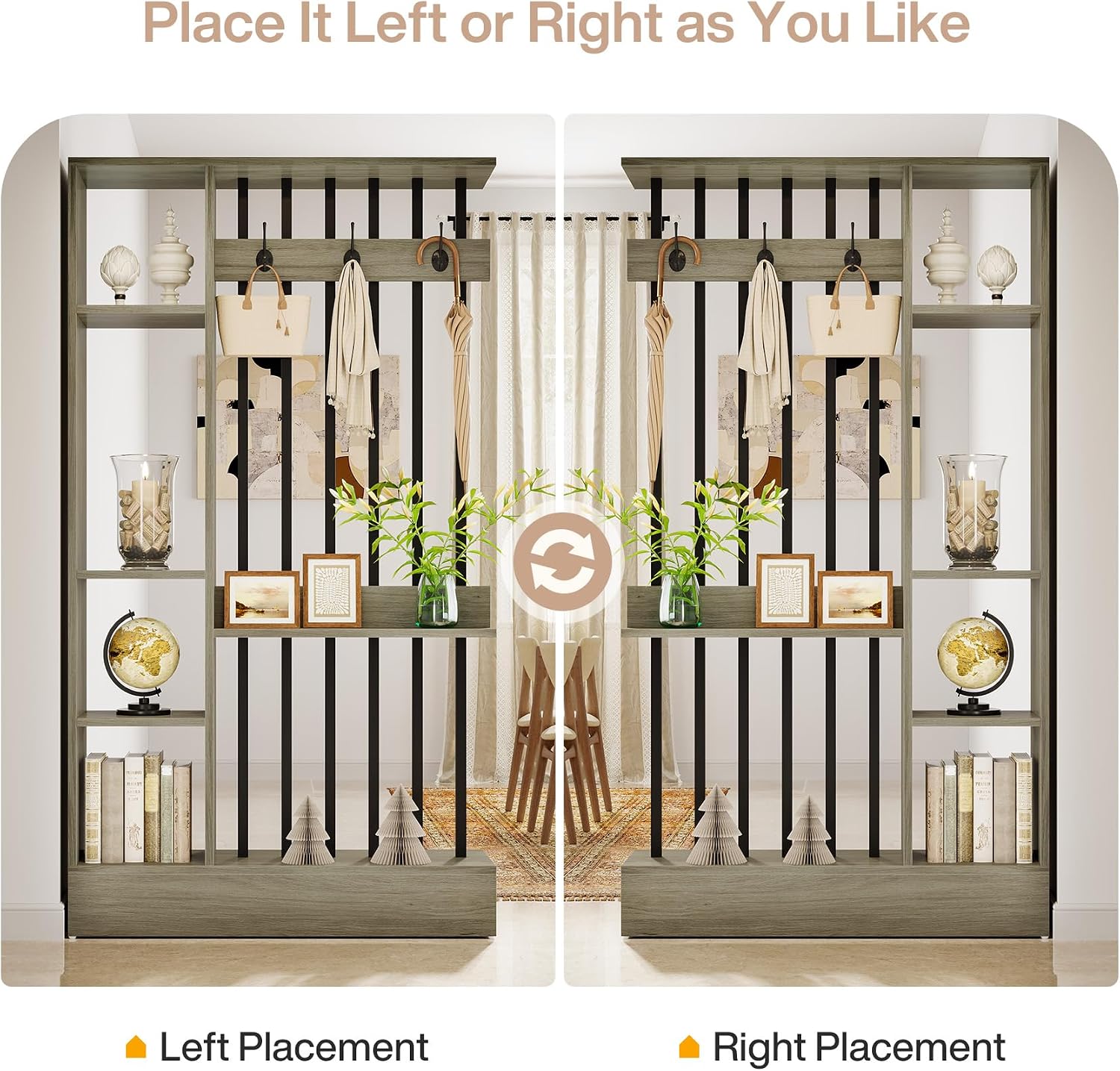 Grey Shelved Bookcase Room Divider with Coat Hooks