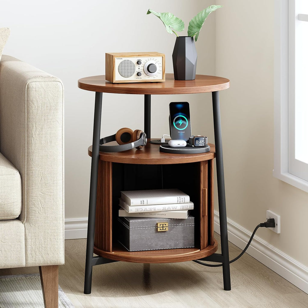 Walnut Fluted Charging Round Side Table