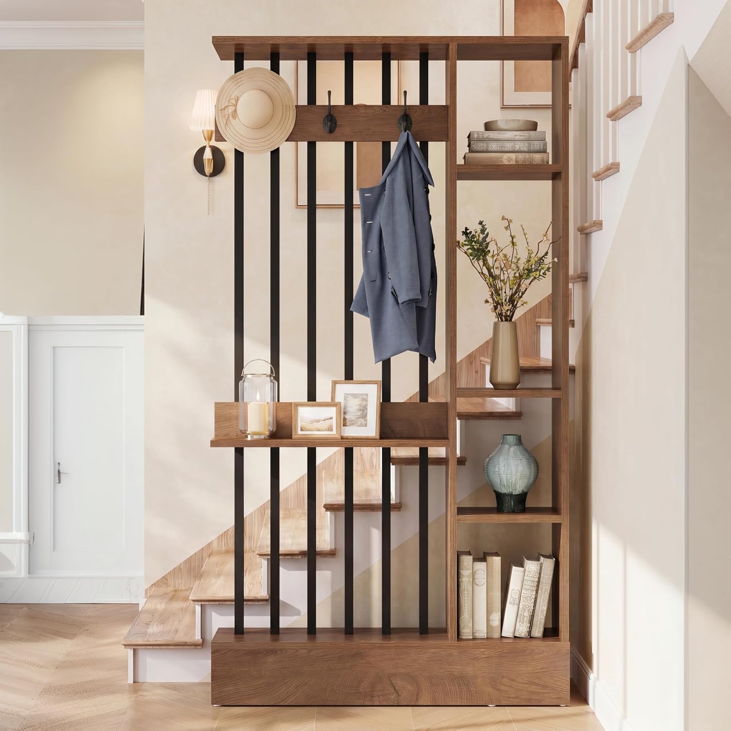 Brown Storage Coat Hook Room Divider