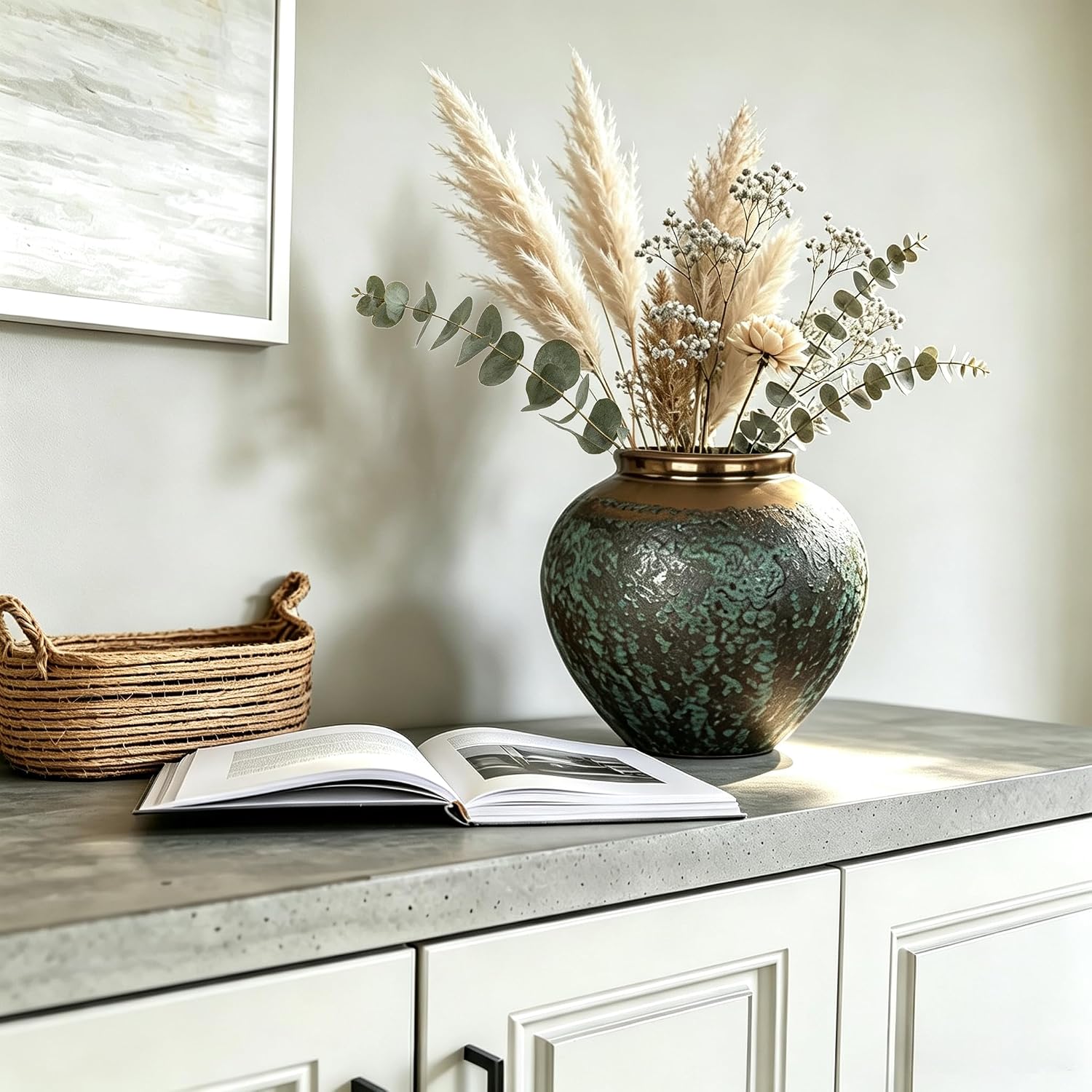Tall Terracotta Ceramic Vase with Bronze Rim