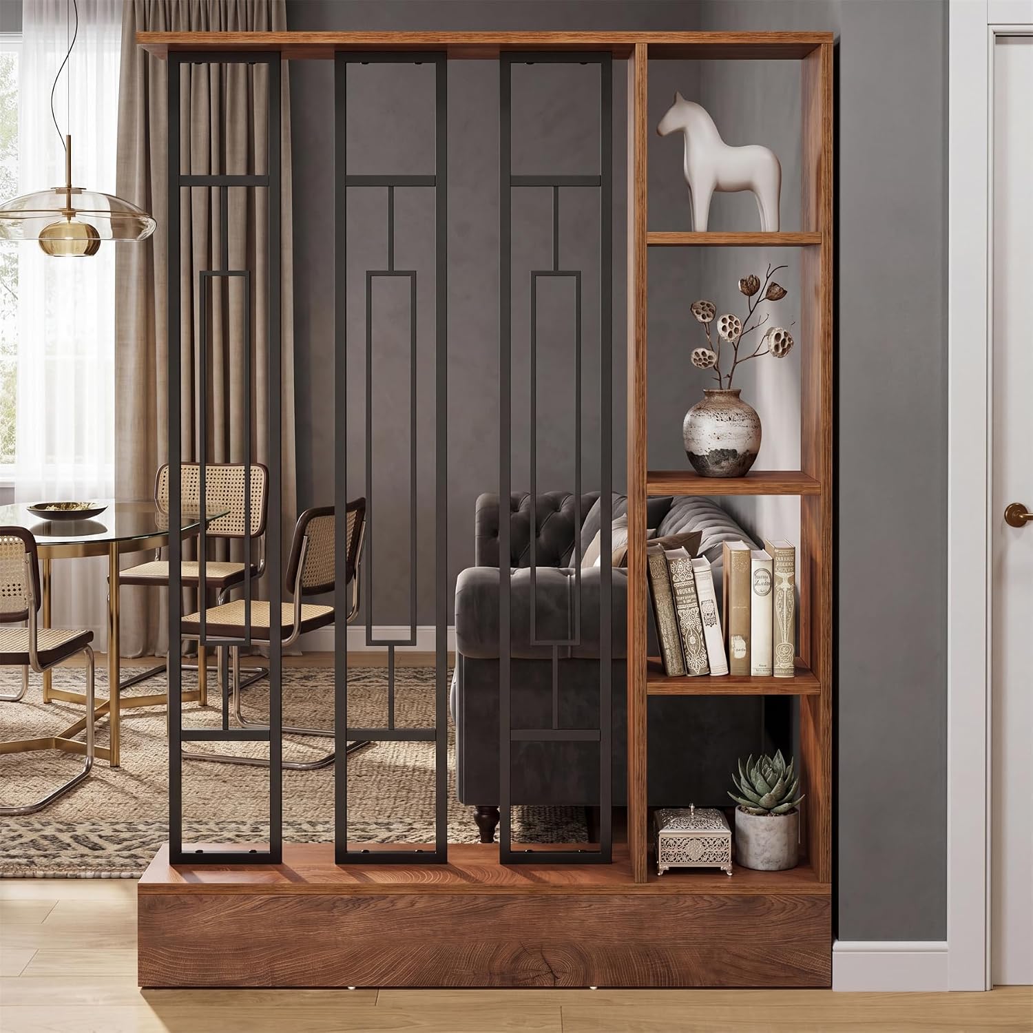 Brown Black Wooden Shelved Freestanding Room Divider