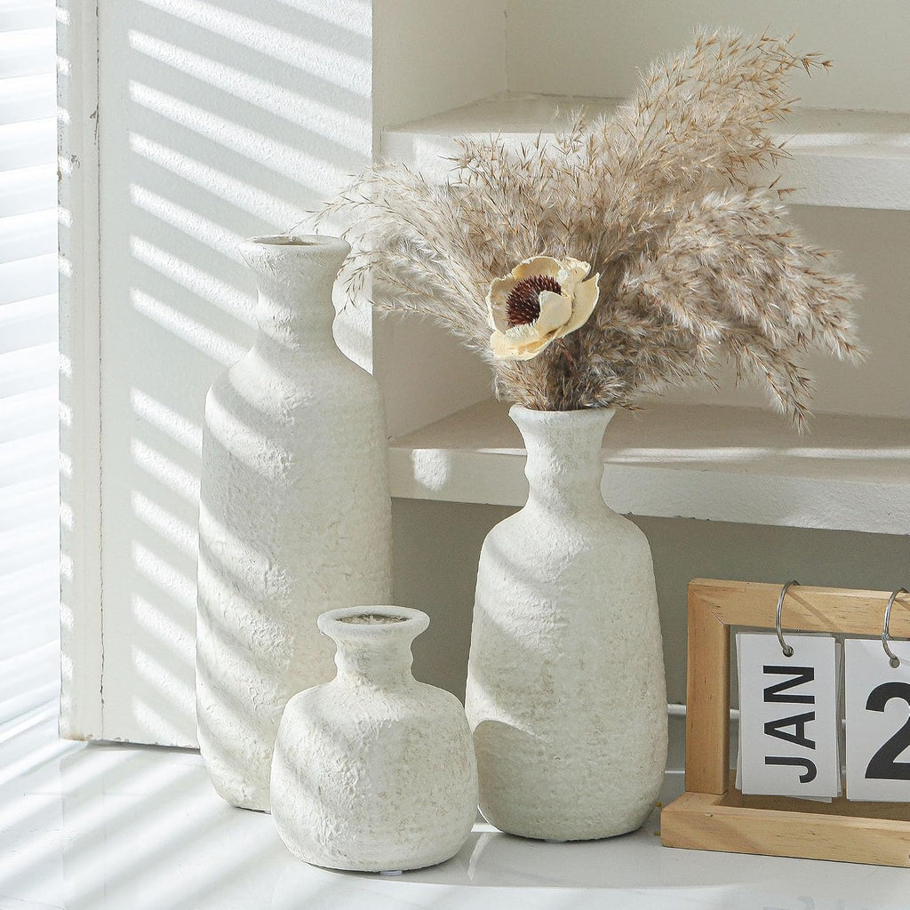 Whitewashed Rustic Ceramic Vase Set of 3