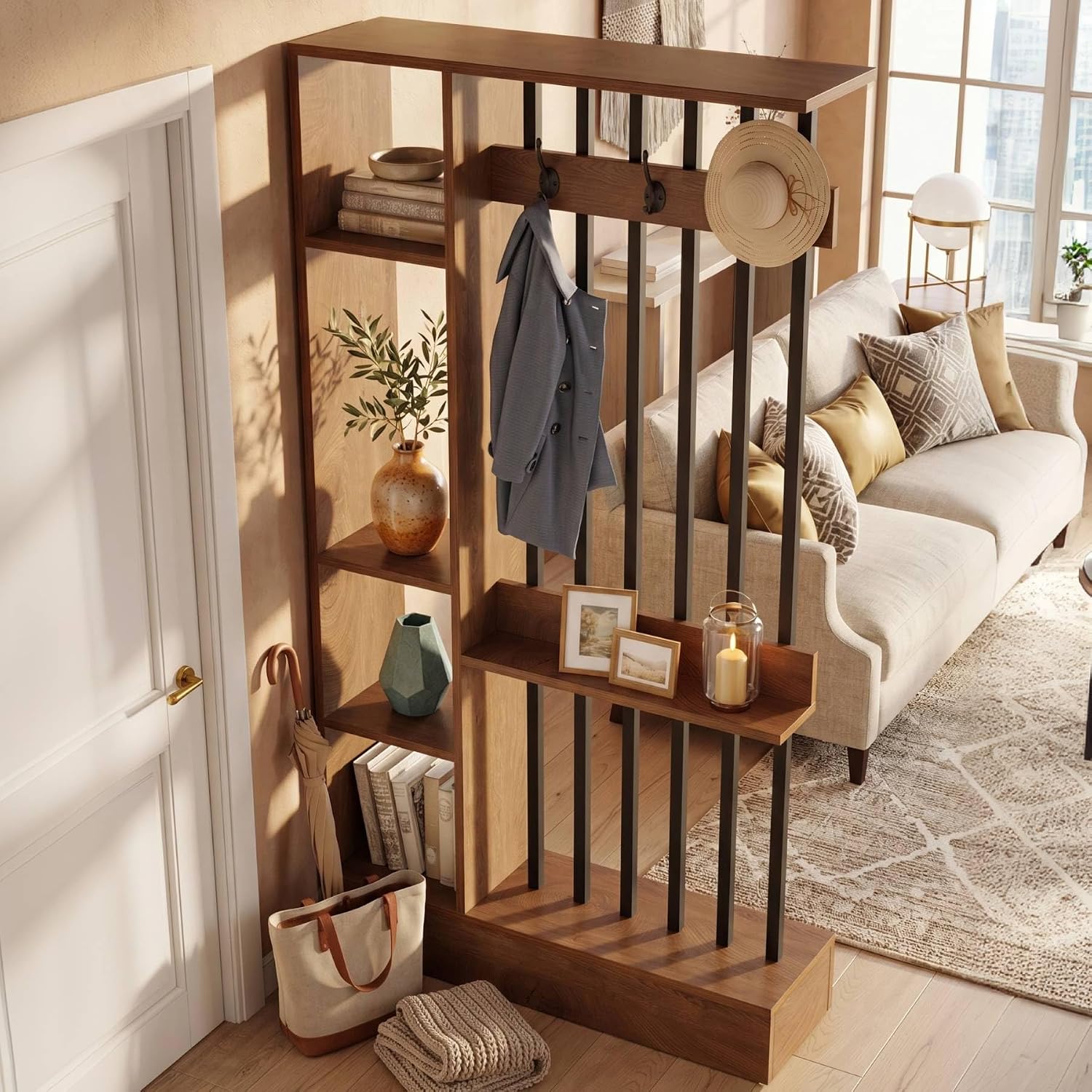 Brown Storage Coat Hook Room Divider