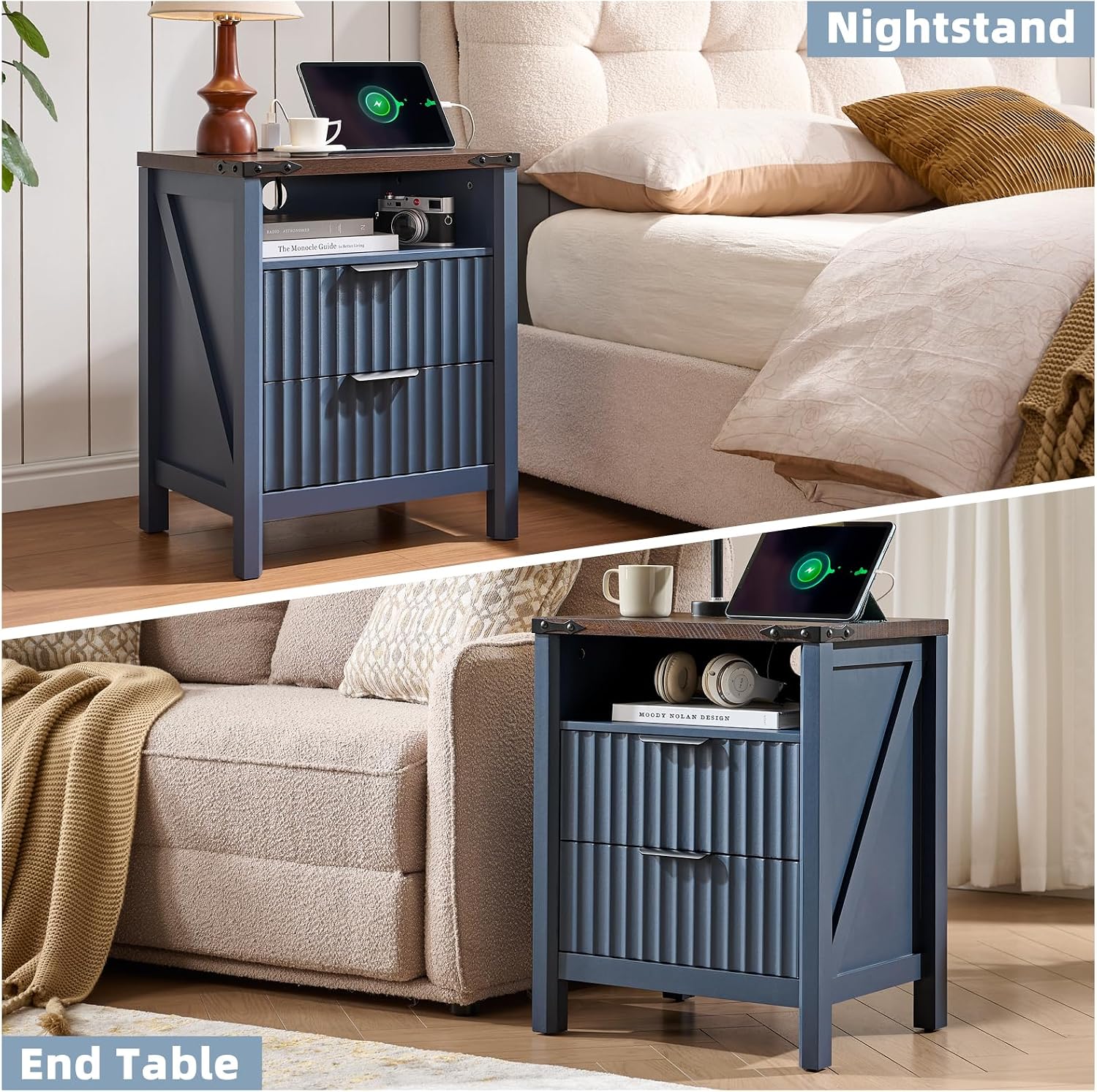 Navy Fluted Charging Nightstand