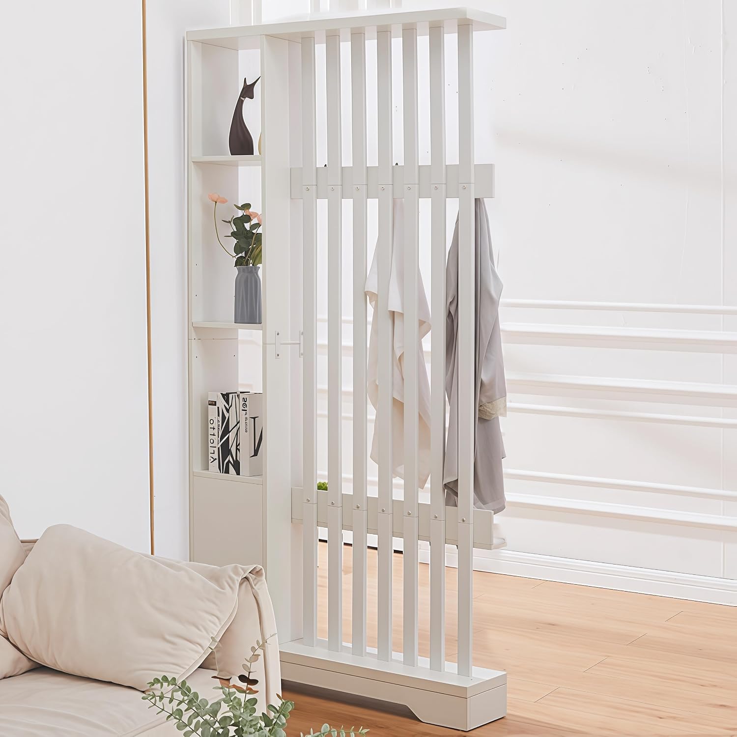 White Wood Storage Bookshelf Room Divider with Coat Rack