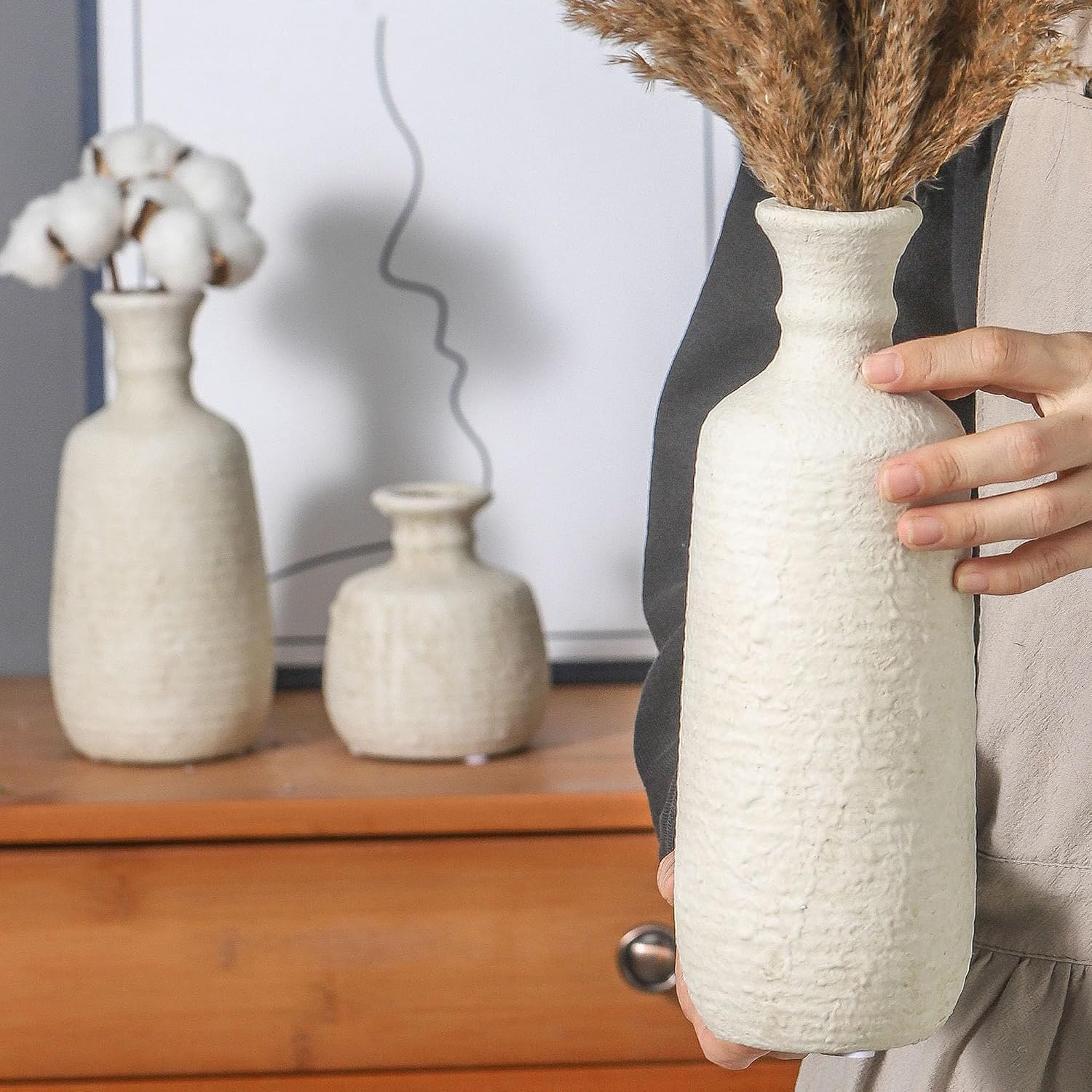 Whitewashed Rustic Ceramic Vase Set of 3