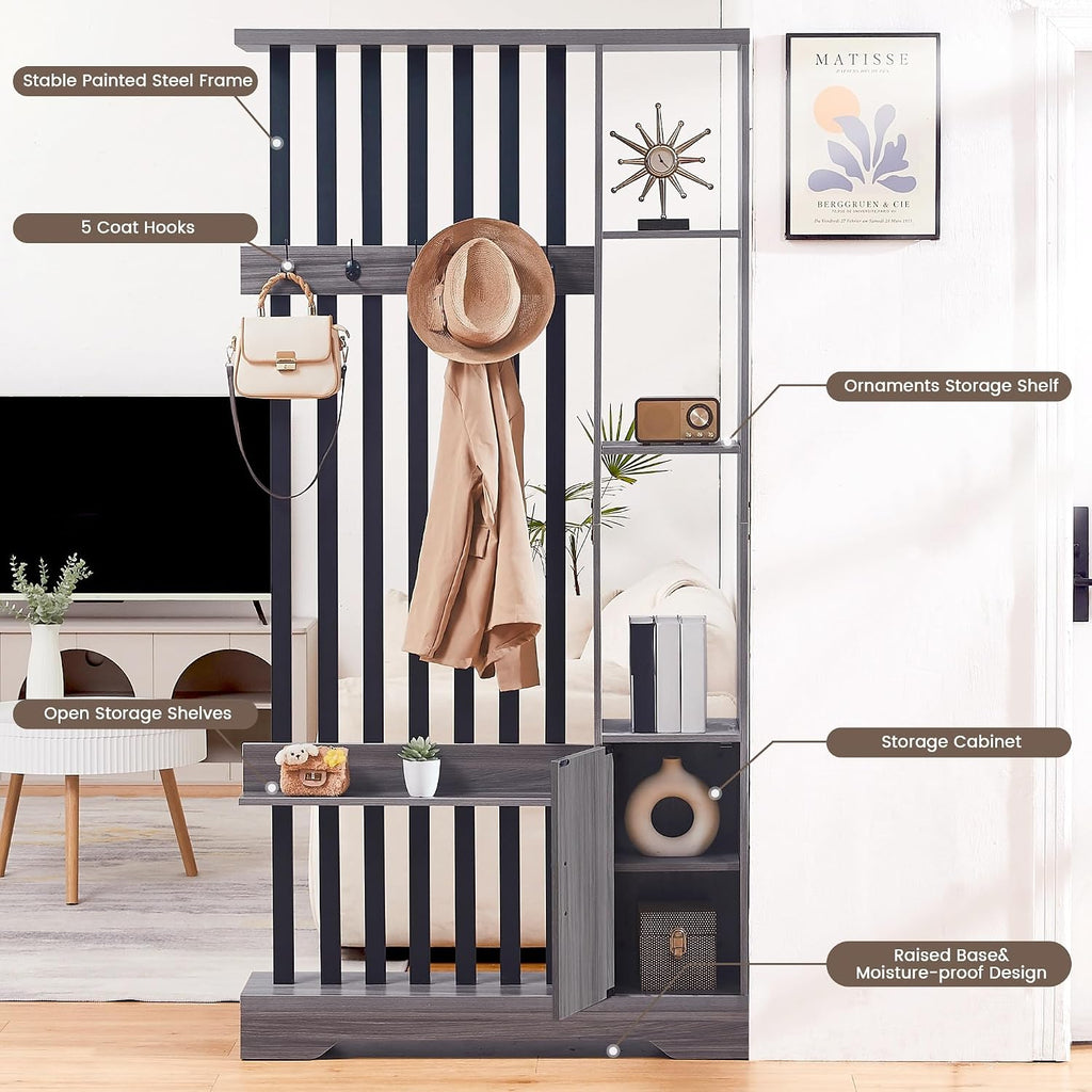 Grey Wood Storage Bookshelf Room Divider with Coat Rack