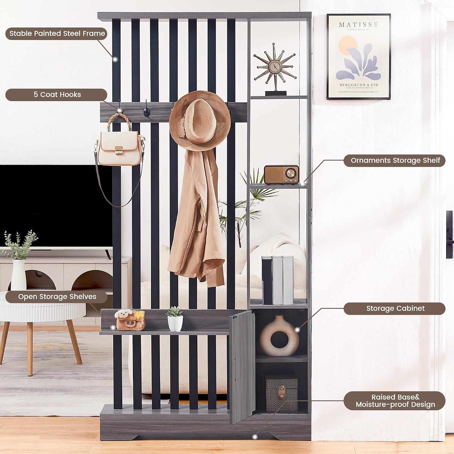 Grey Wood Storage Bookshelf Room Divider with Coat Rack