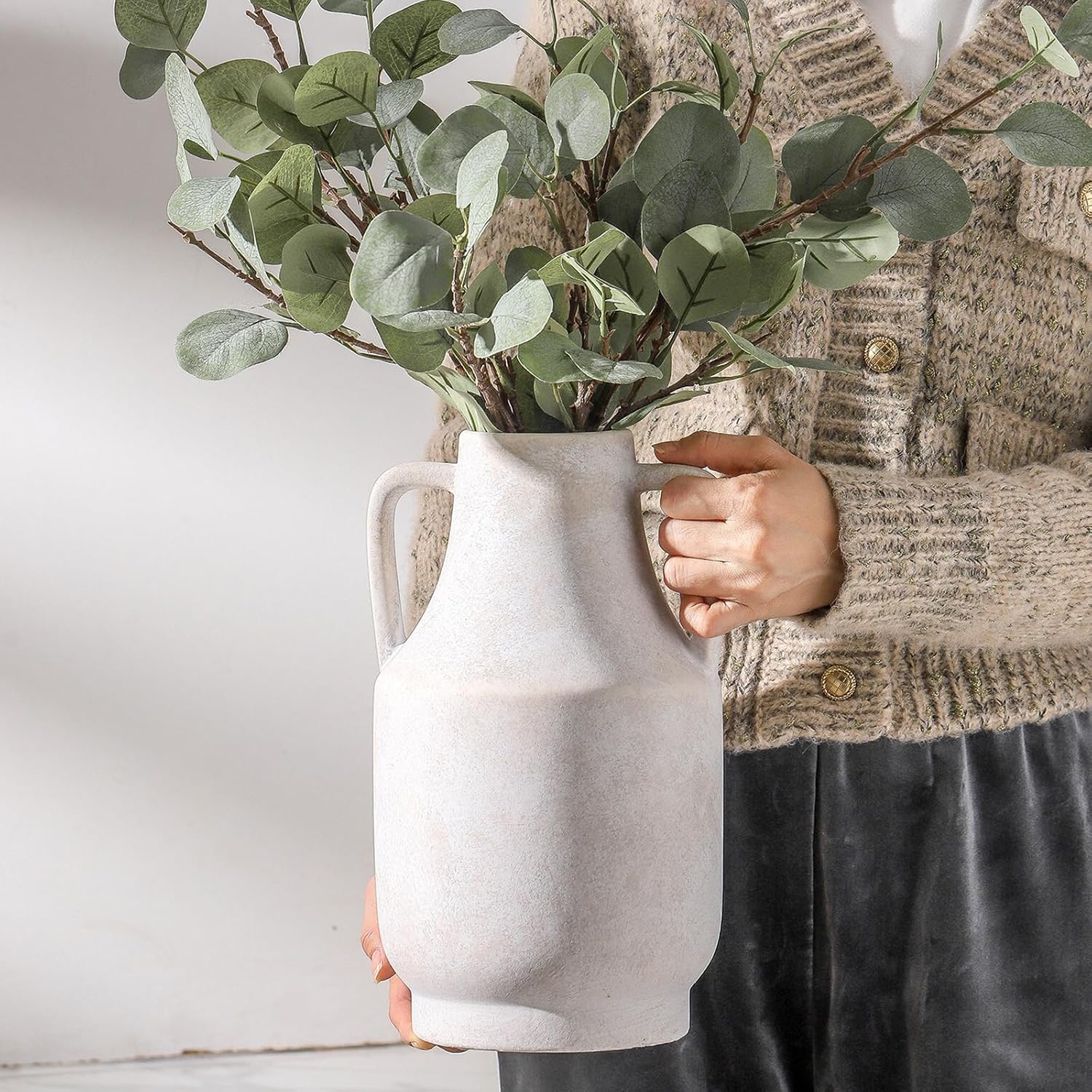 Off White Handled Farmhouse Ceramic Vase