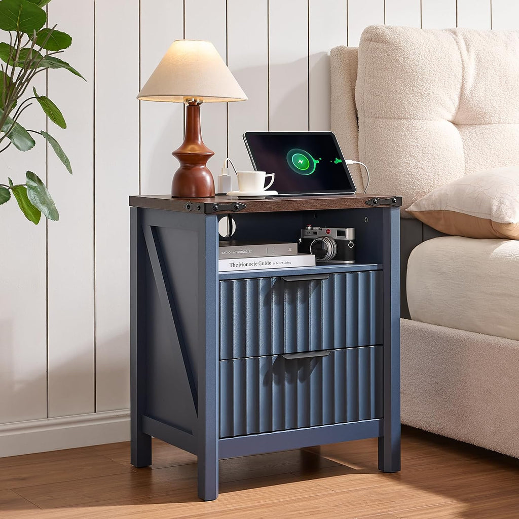Navy Fluted Charging Nightstand
