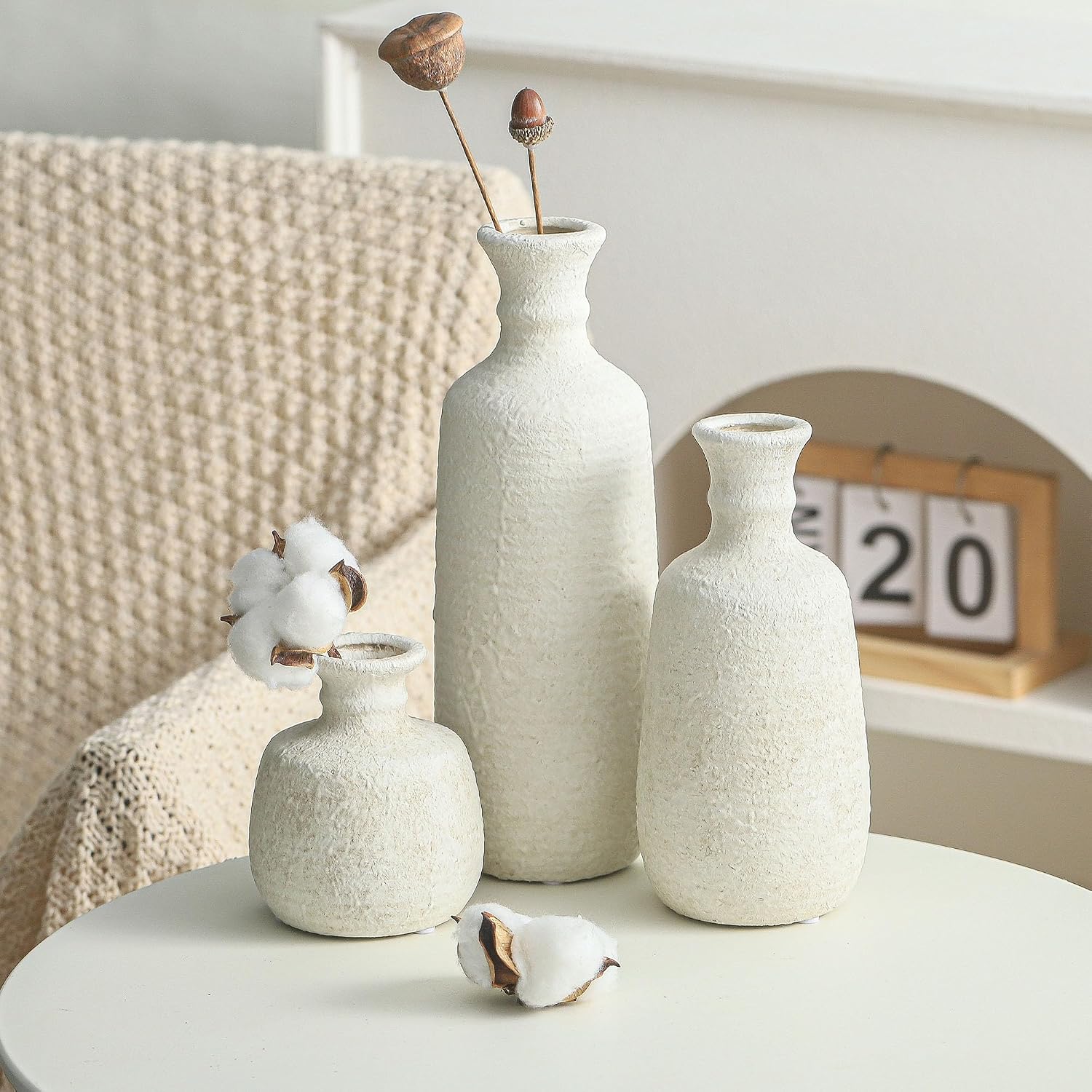 Whitewashed Rustic Ceramic Vase Set of 3