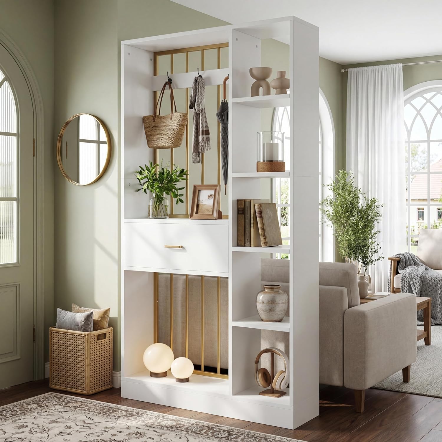 White Gold Shelved Room Divider with Drawer Coat Racks