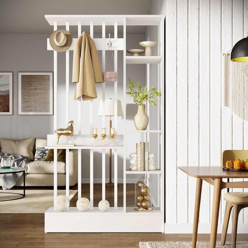 White Shelved Bookcase Room Divider with Coat Hooks