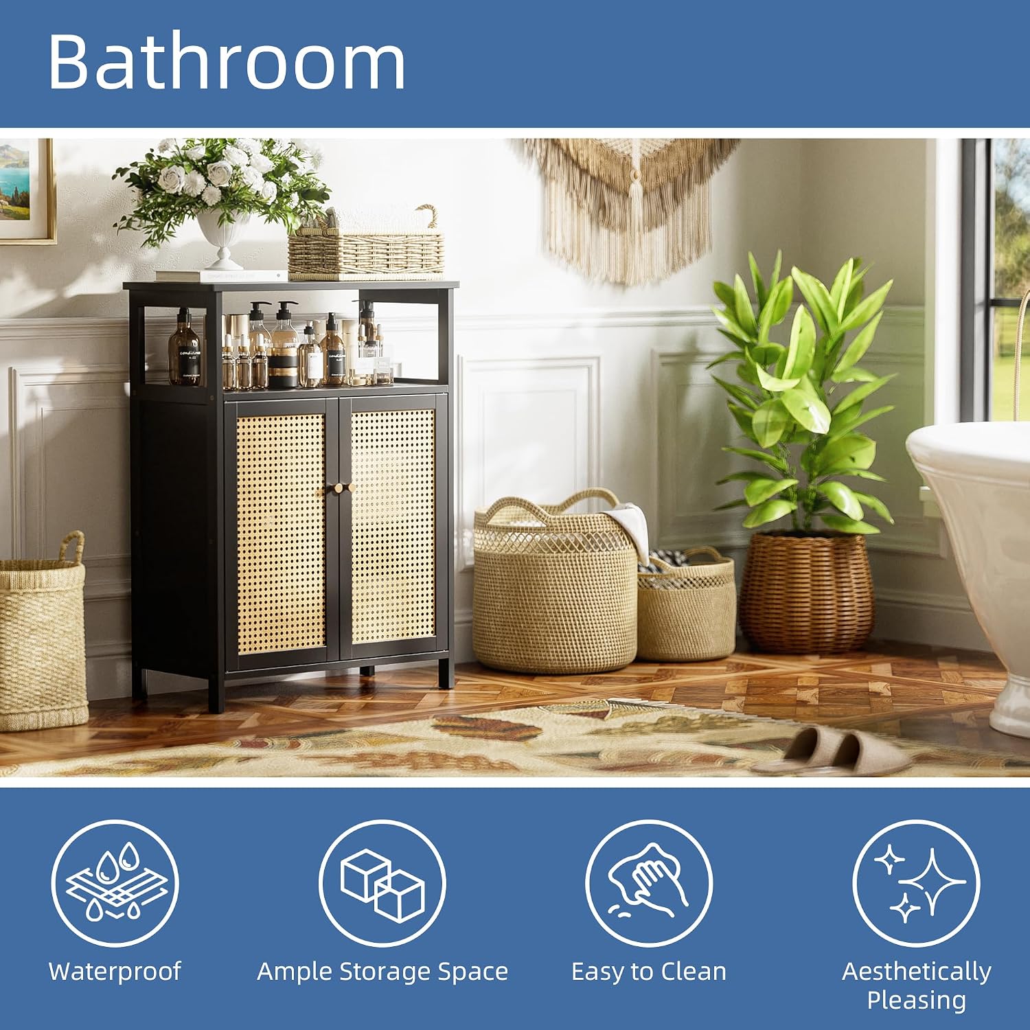 Black Rattan Bathroom Storage Cabinet
