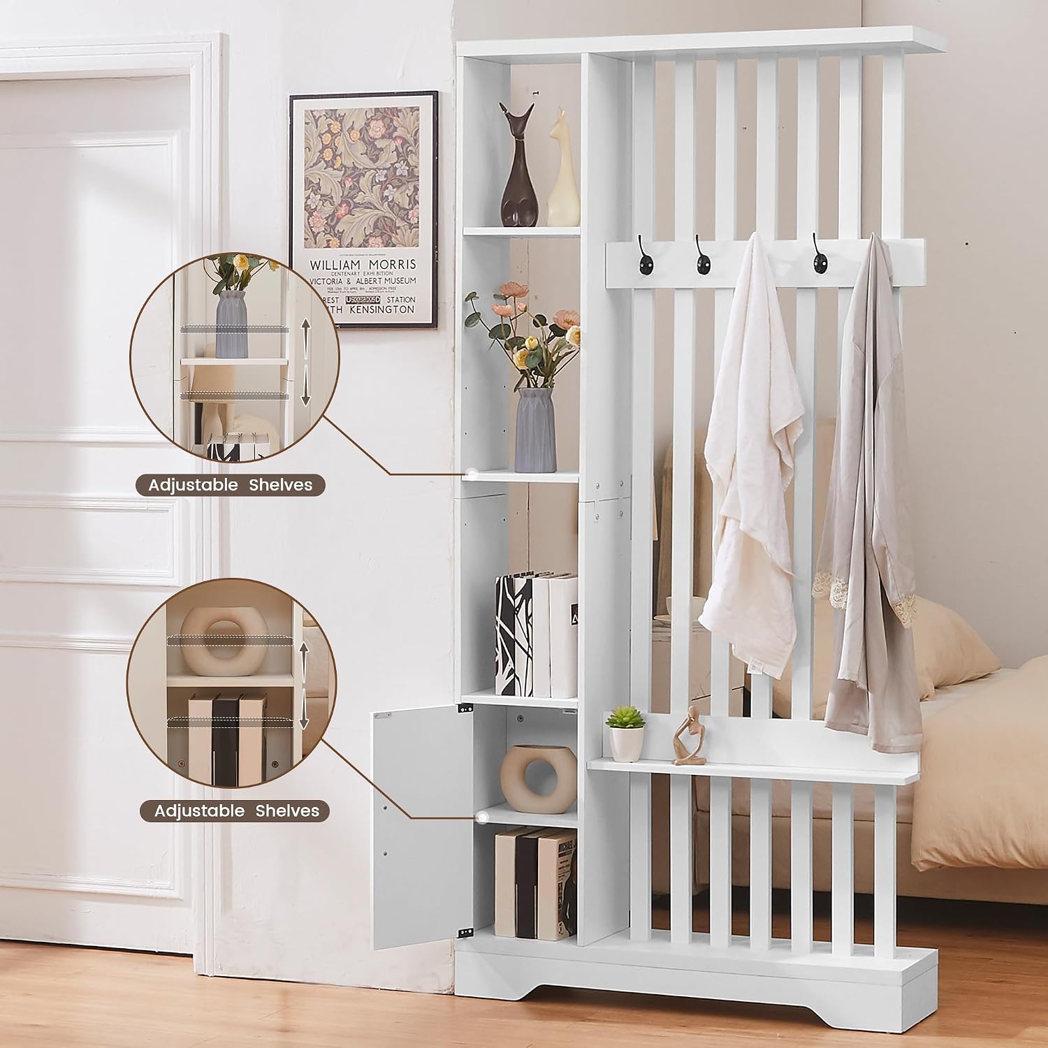 White Wood Storage Bookshelf Room Divider with Coat Rack