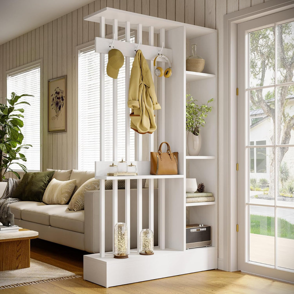 White Shelved Bookcase Room Divider with Coat Hooks