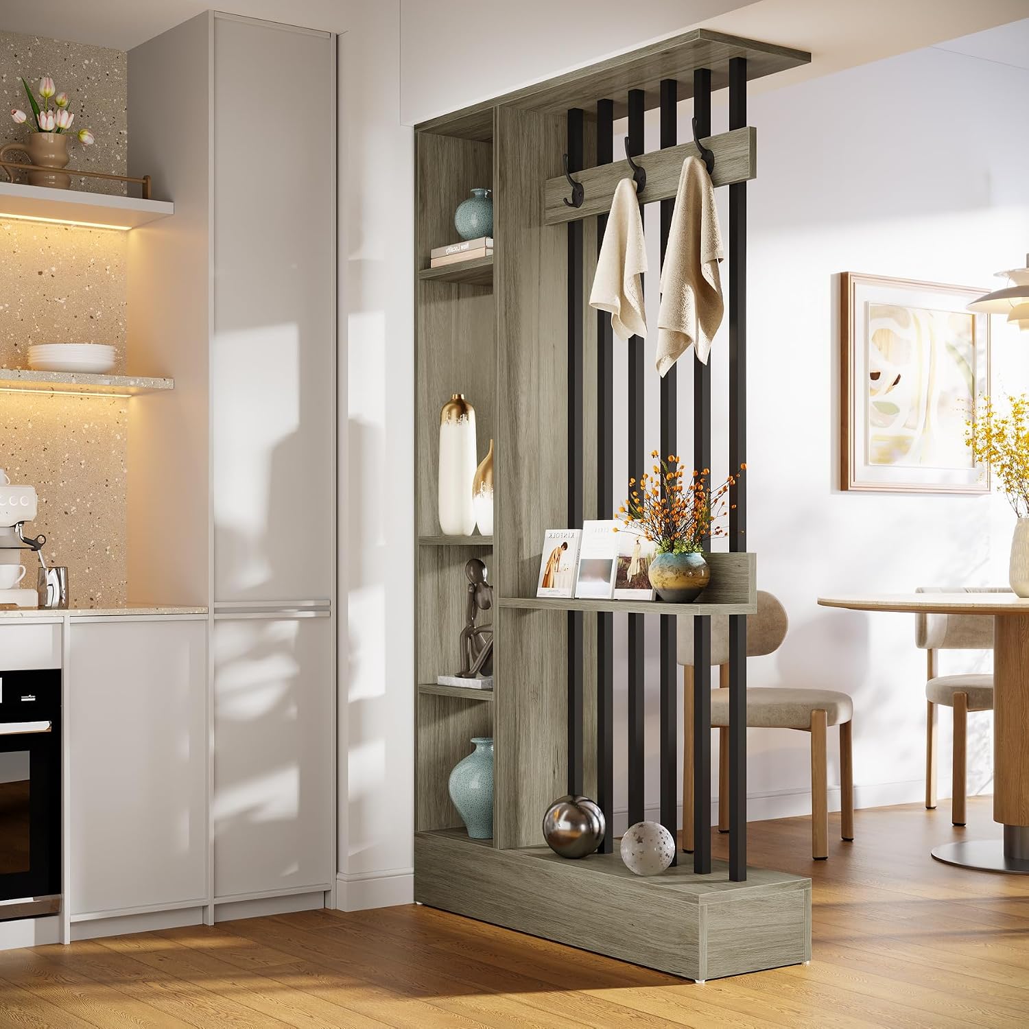 Grey Shelved Bookcase Room Divider with Coat Hooks