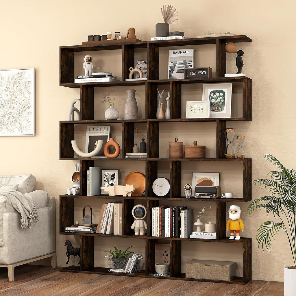 Rustic Brown S-Shaped 6 Tier Geometric Bookcase
