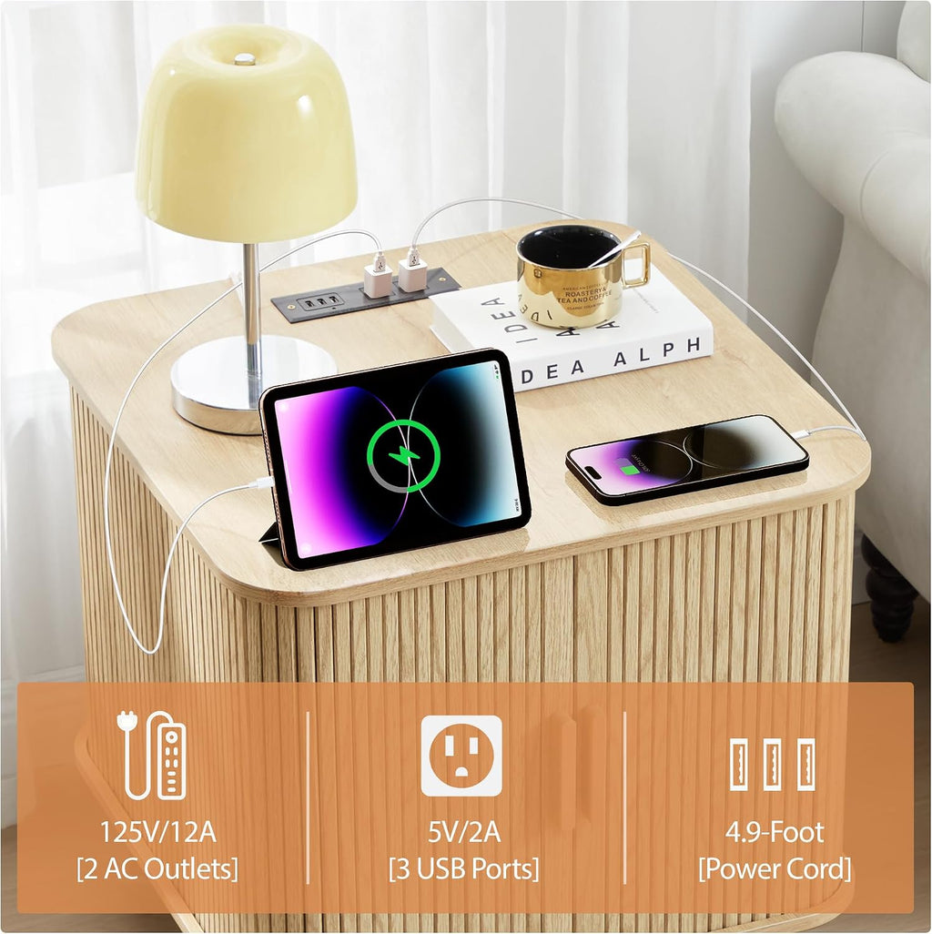 Fluted Wood End Table with Charging Station