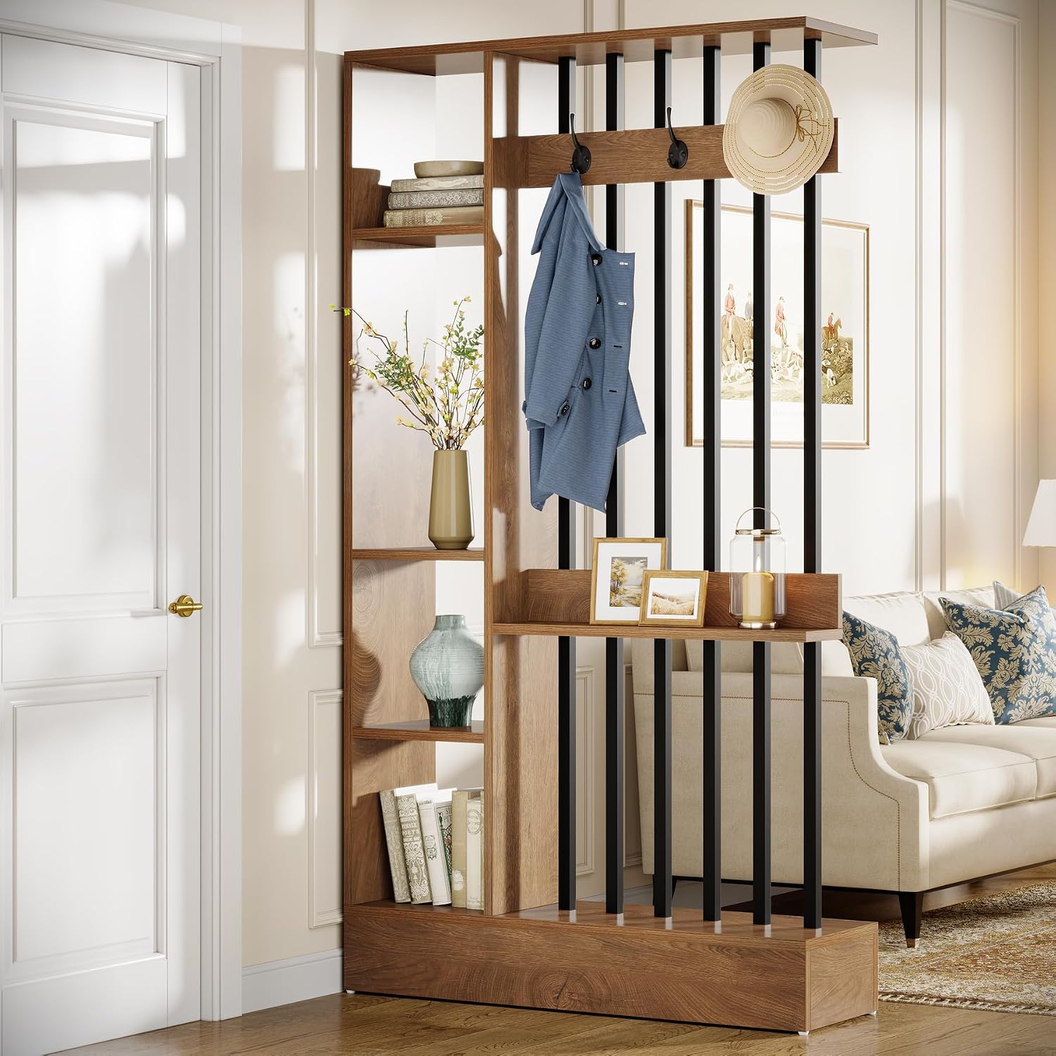 Brown Shelved Divider With Coat Hooks