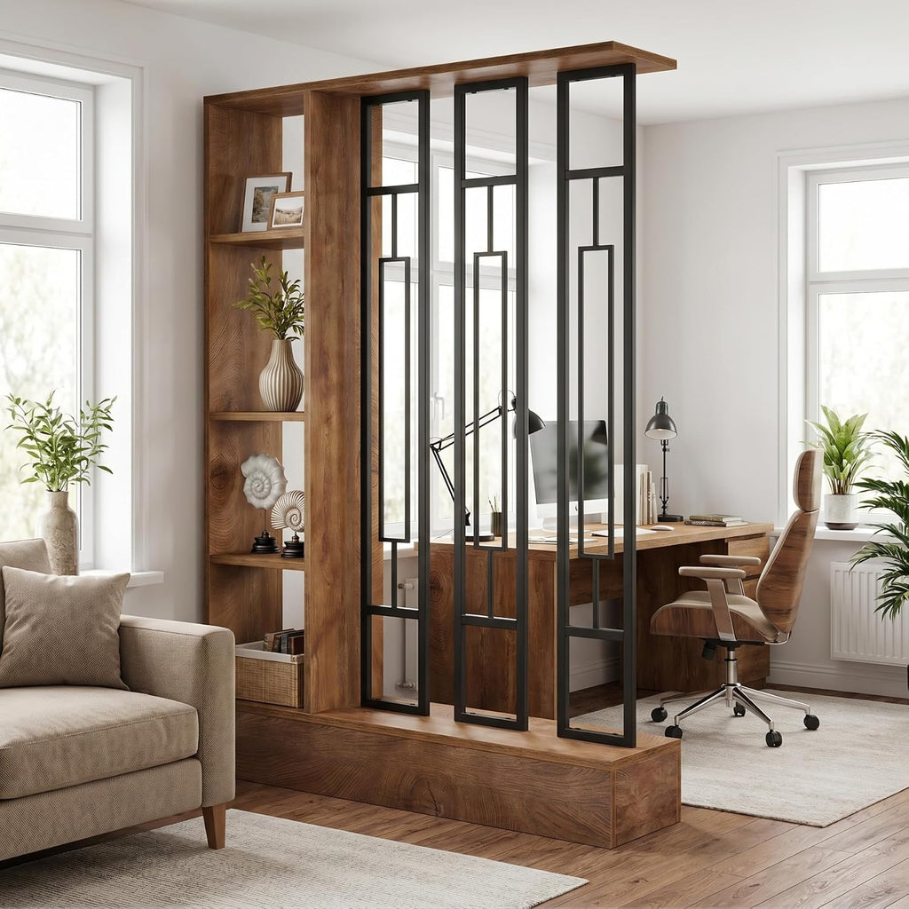 Brown Black Wooden Shelved Freestanding Room Divider