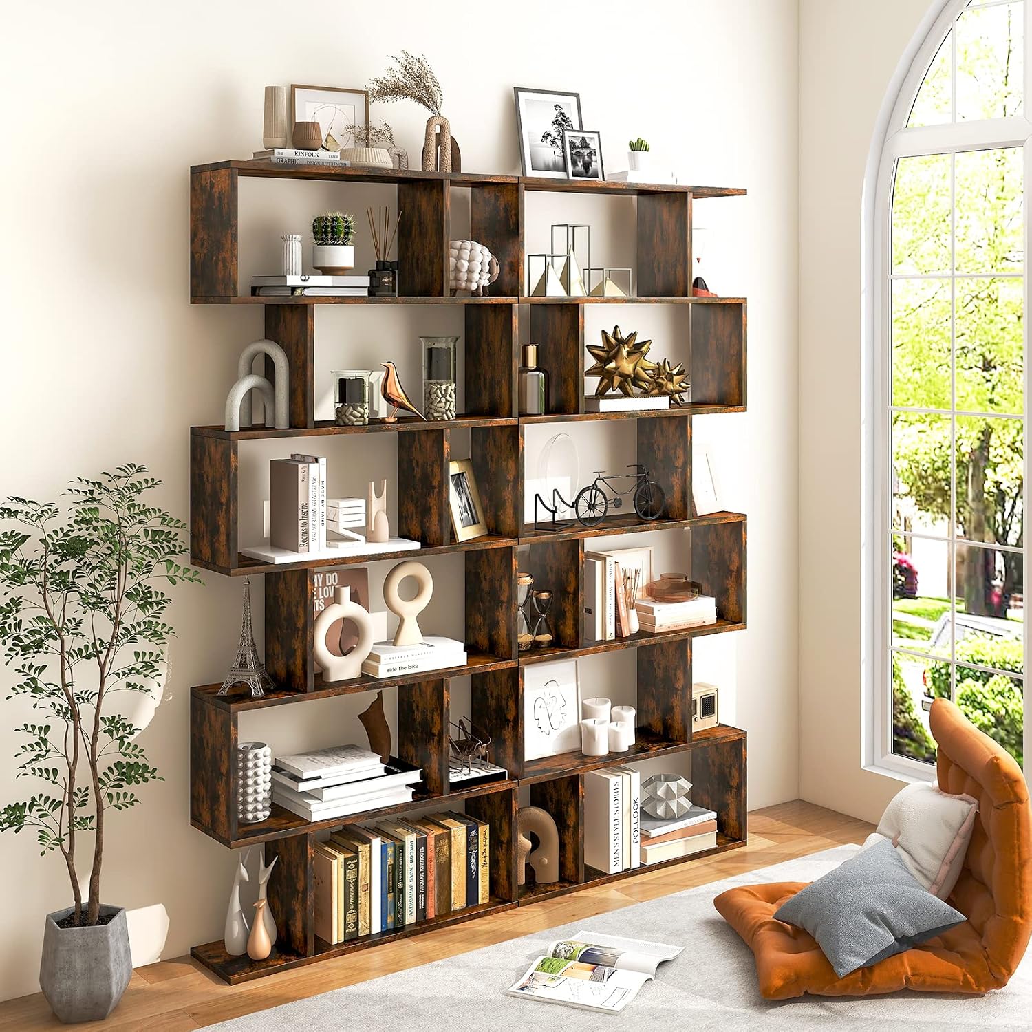 Rustic Brown S-Shaped 6 Tier Geometric Bookcase