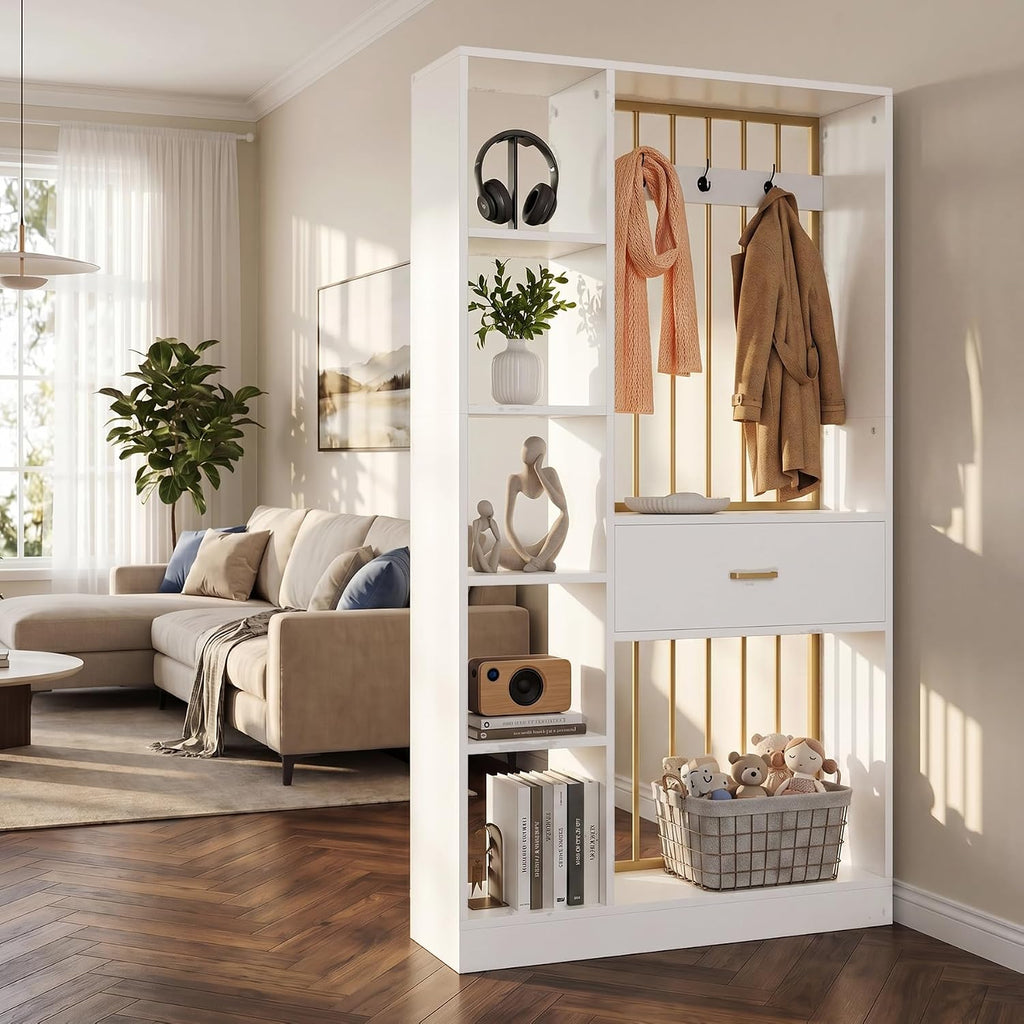 White Gold Shelved Room Divider with Drawer Coat Racks
