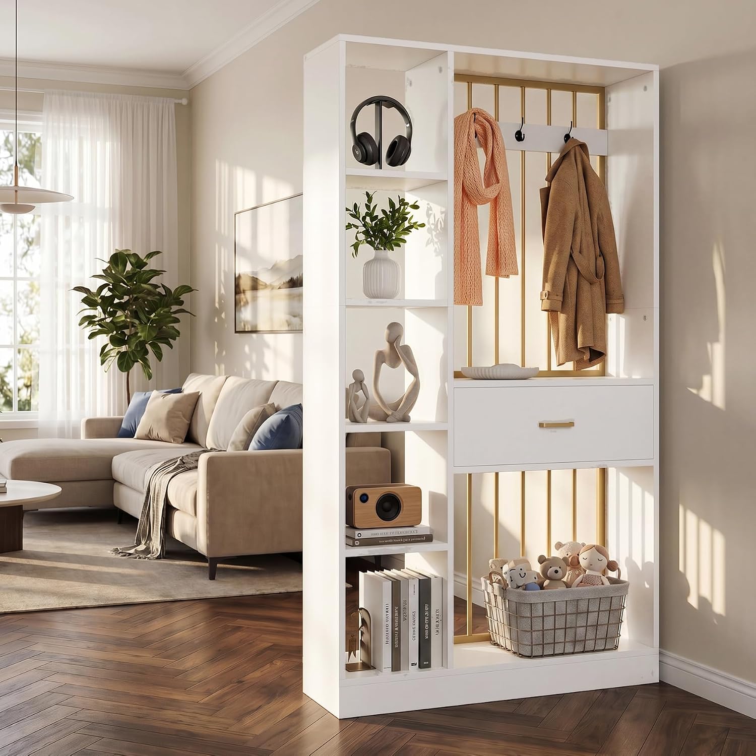White Gold Shelved Room Divider with Drawer Coat Racks