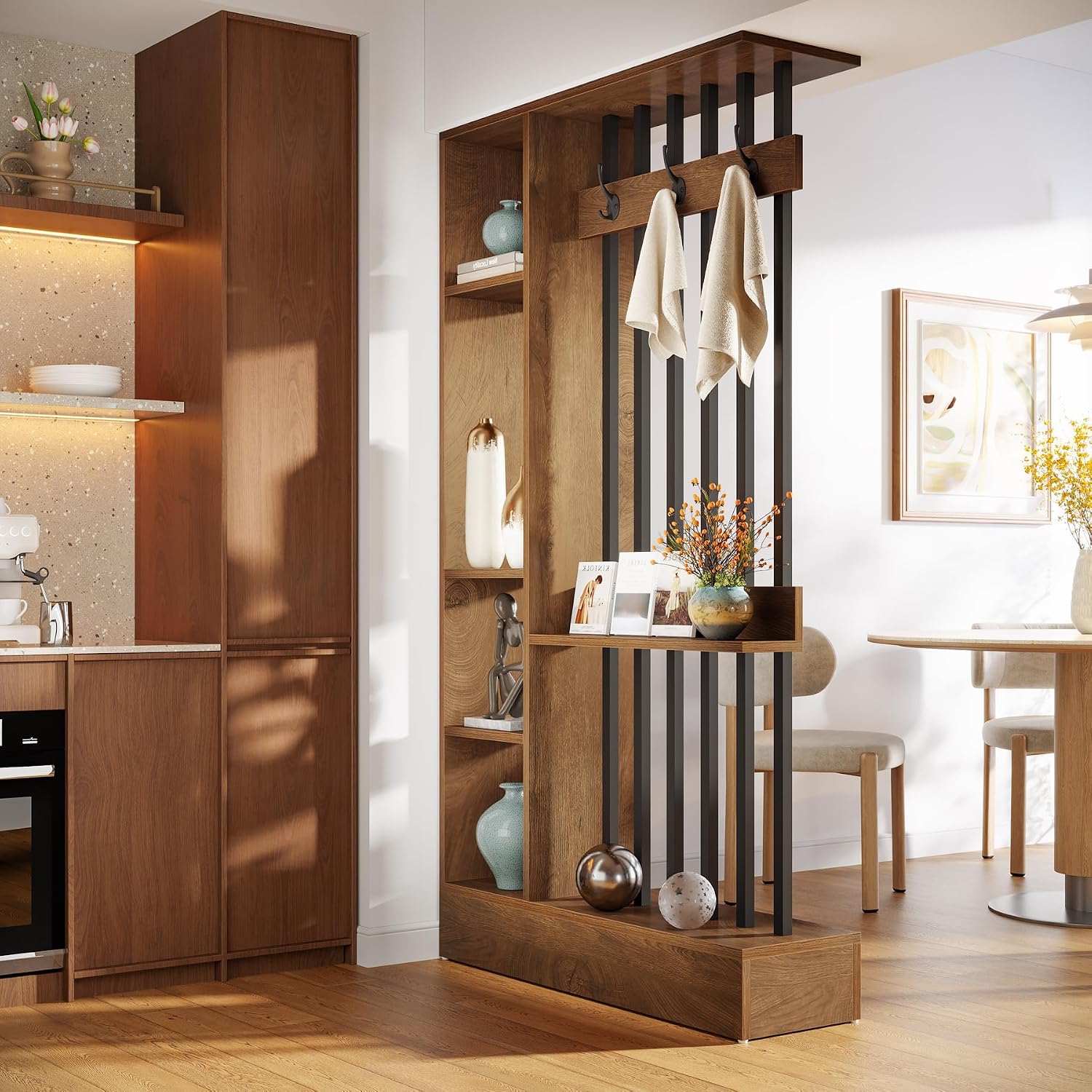 Brown Shelved Divider With Coat Hooks