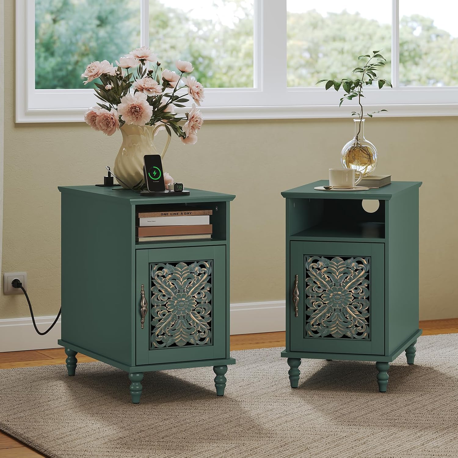Green Carved Door Side Table Set of 2 with Charging Station