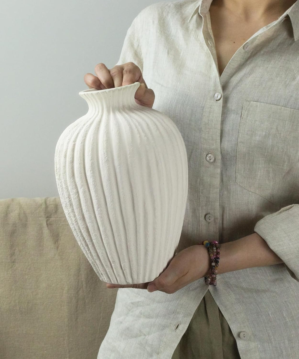 Warm White Wave Textured Ceramic Vase