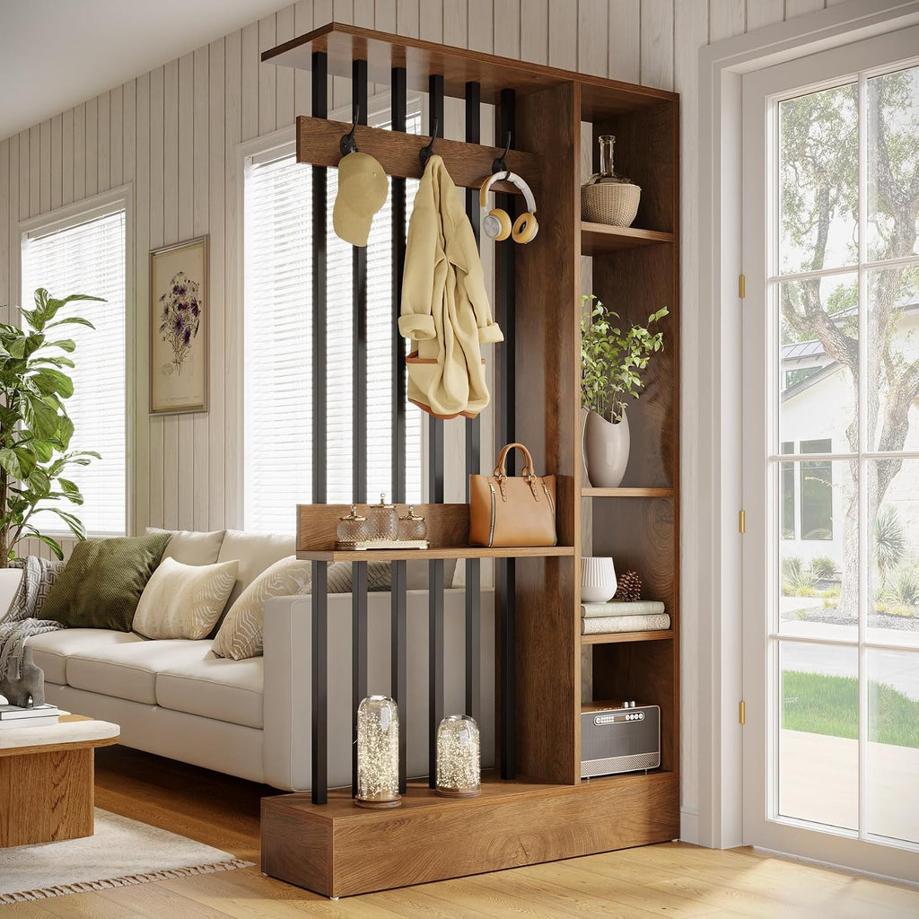 Brown Shelved Divider With Coat Hooks
