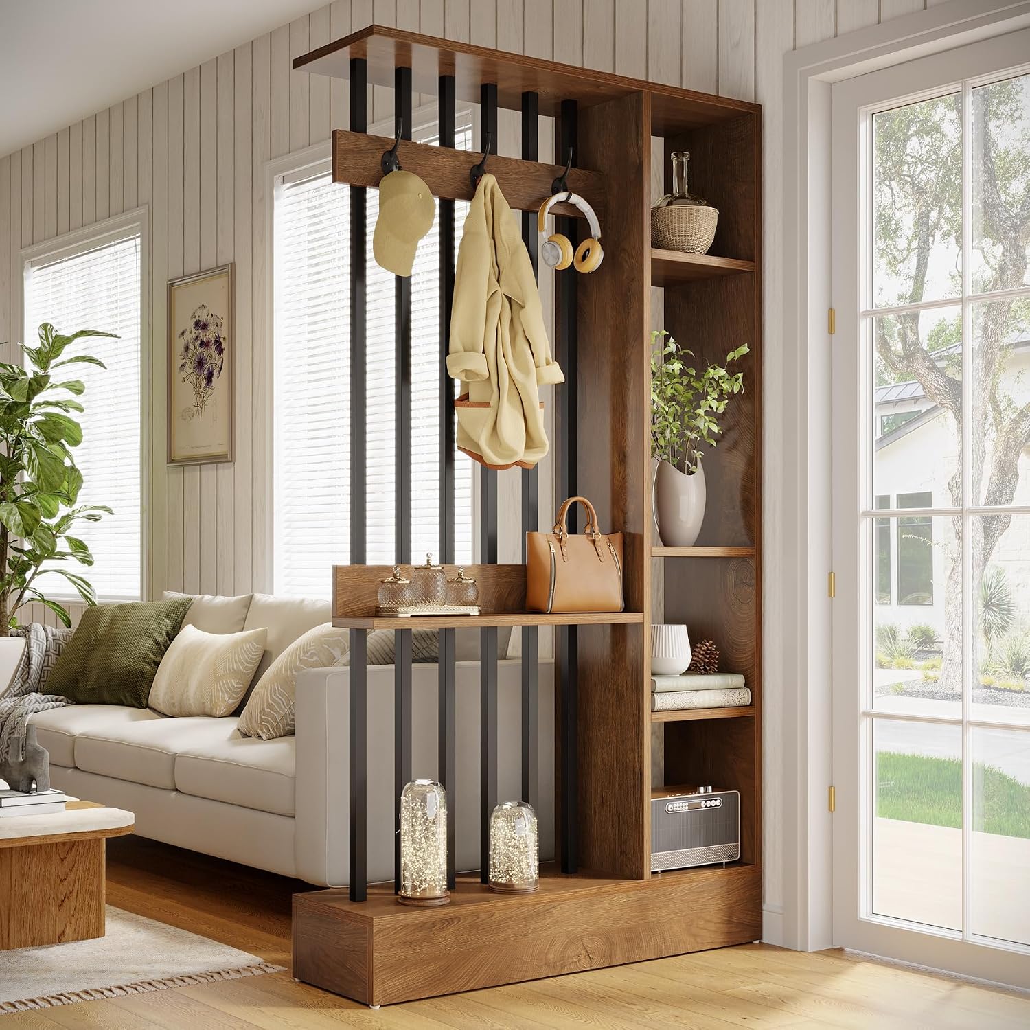 Brown Shelved Divider With Coat Hooks