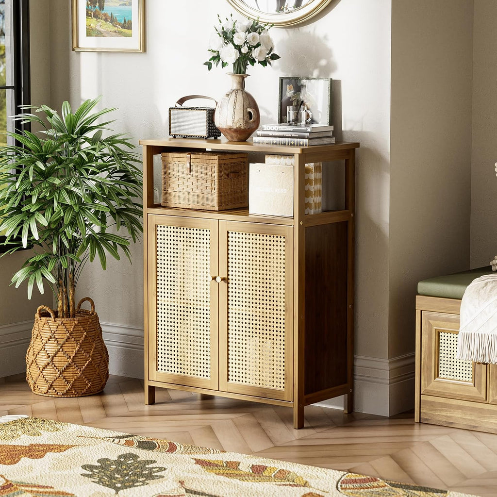 Walnut Rattan Bathroom Cabinet