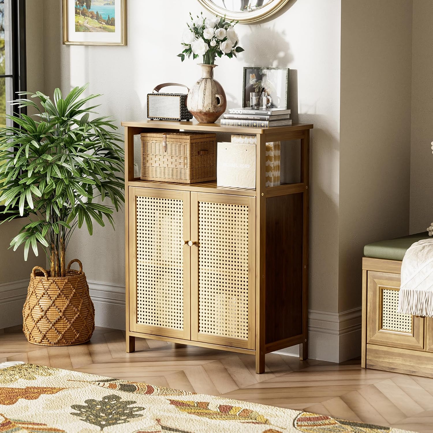 Walnut Rattan Bathroom Cabinet