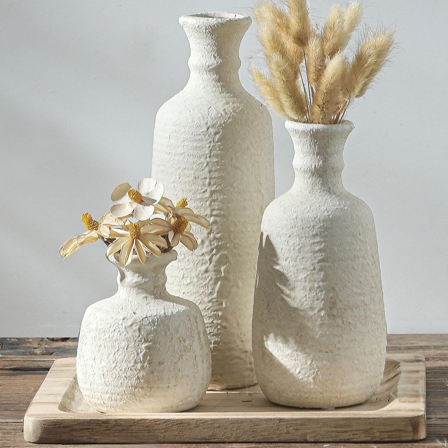 Whitewashed Rustic Ceramic Vase Set of 3