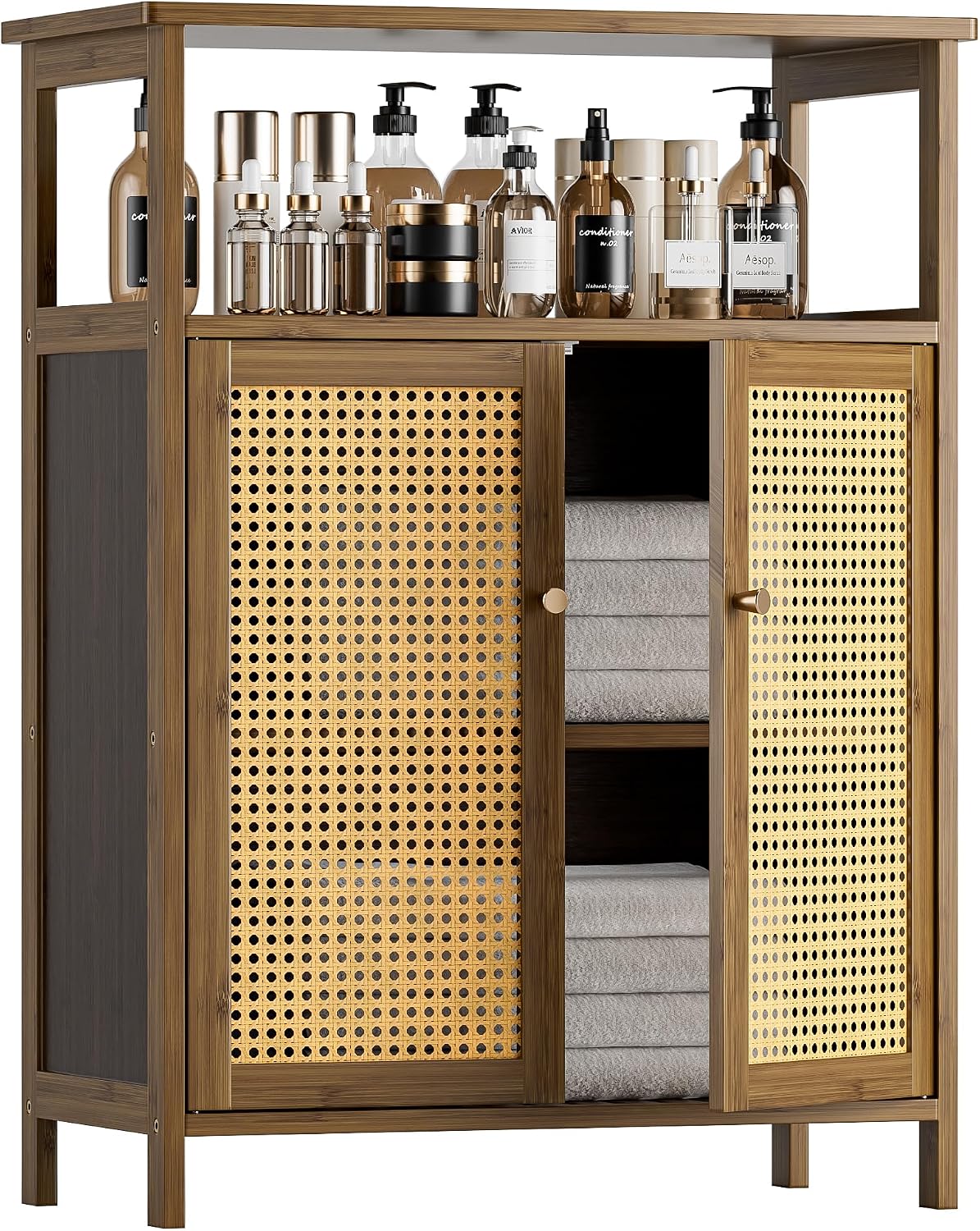 Walnut Rattan Bathroom Cabinet