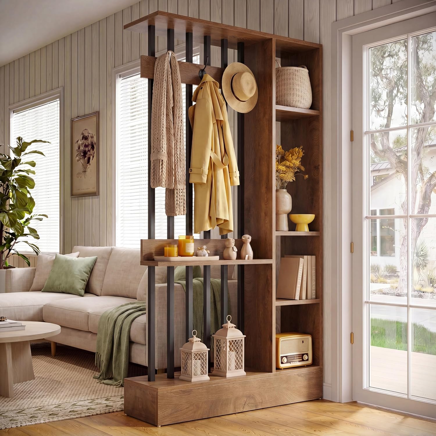 Brown Storage Coat Hook Room Divider