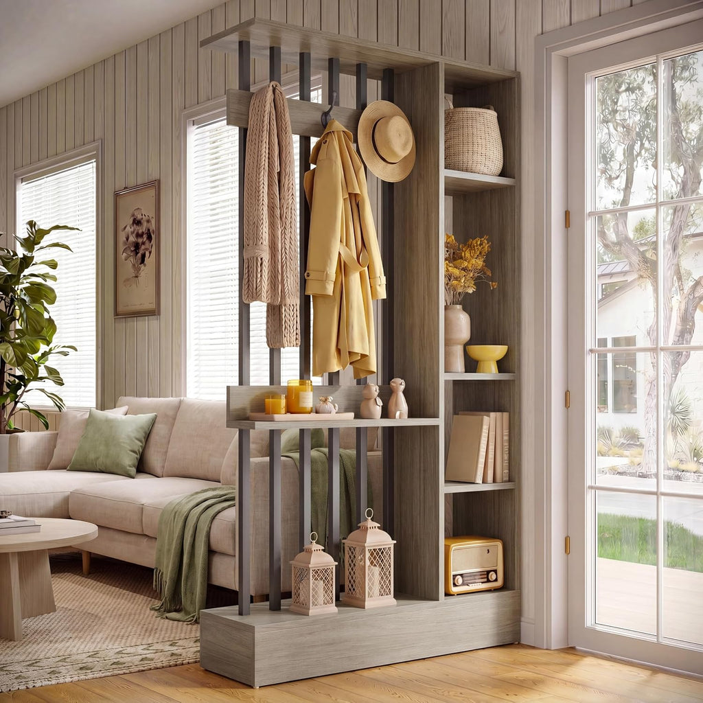 Grey Storage Coat Hook Freestanding Room Divider Shelf