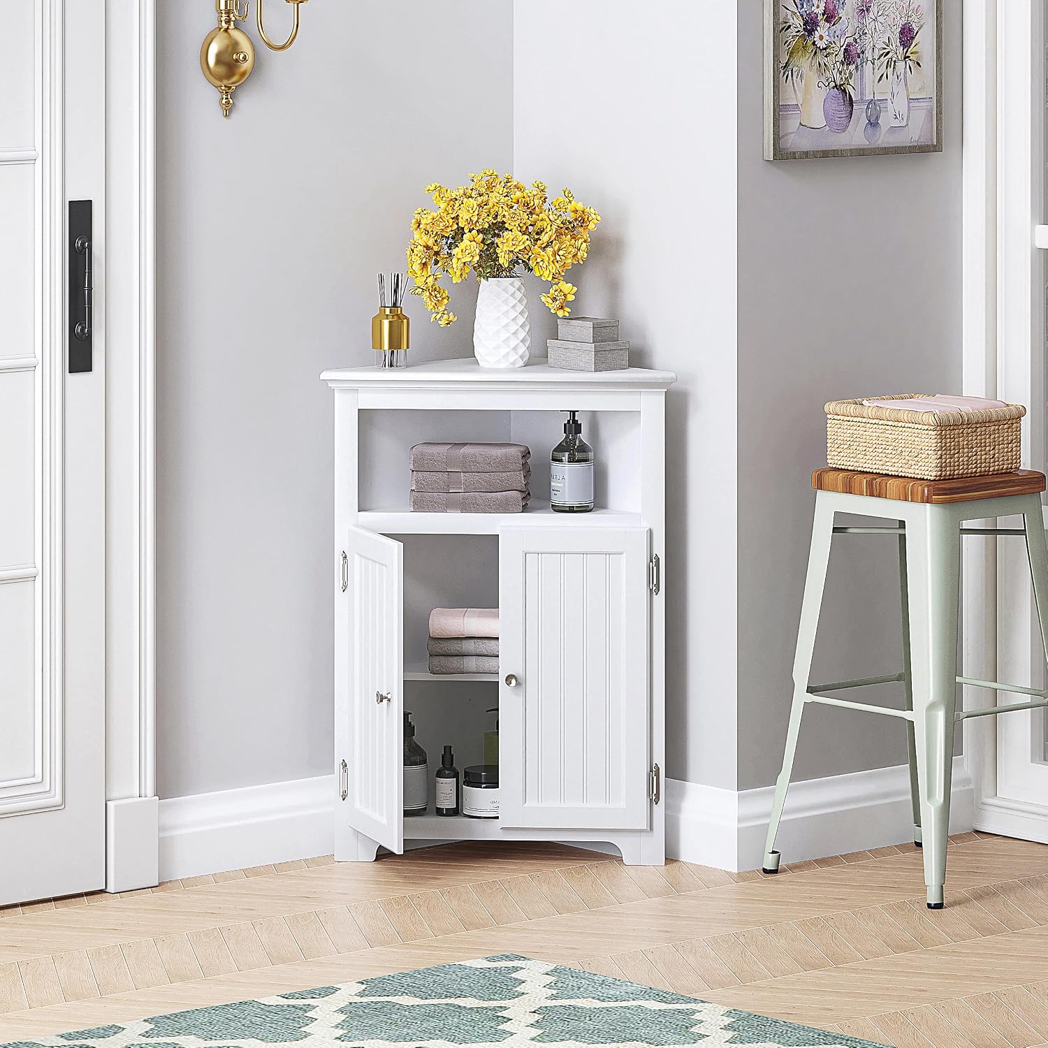 White Corner Bathroom Storage Cabinet