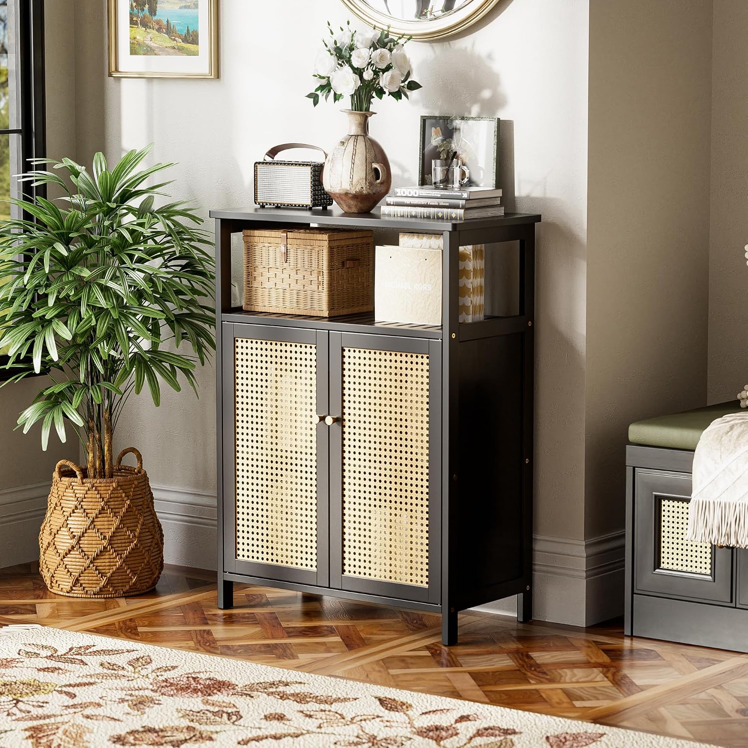 Black Rattan Bathroom Storage Cabinet